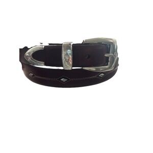 Brighton Brown Men's Belt Leather 44 Western Silver Buckle, Tip, Studs